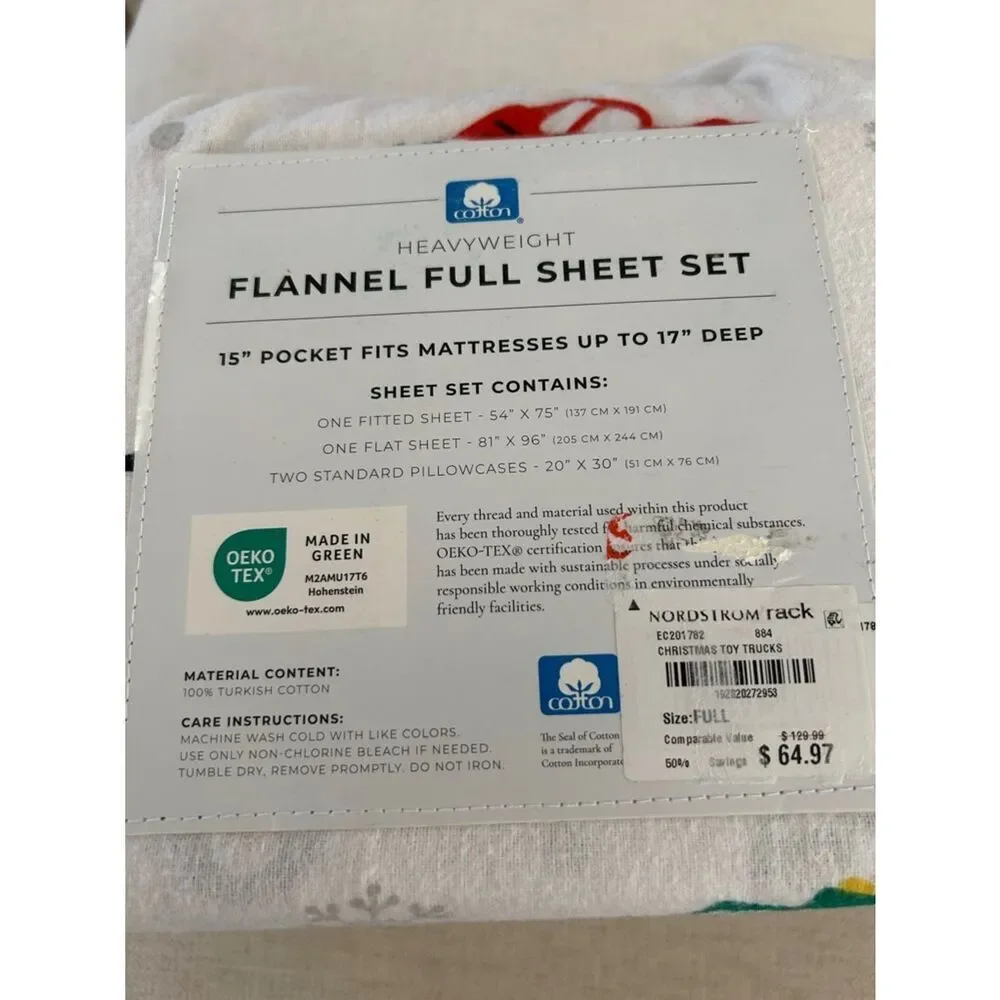 100% Cotton Flannel Sheet Set - Great Bay Home (Full,Christmas Toy Trucks),  NWT